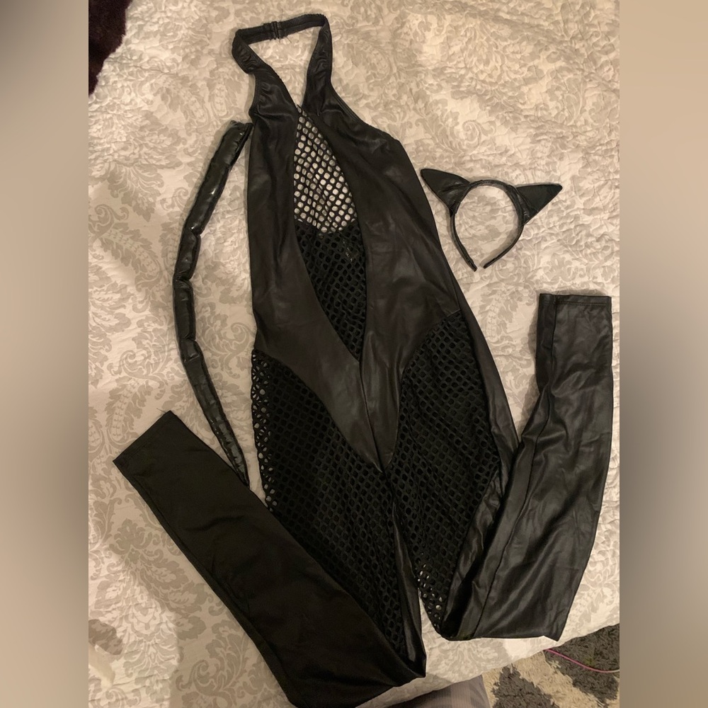 Black Mesh Halter Jumpsuit Cat Costume - Picture 2 of 7